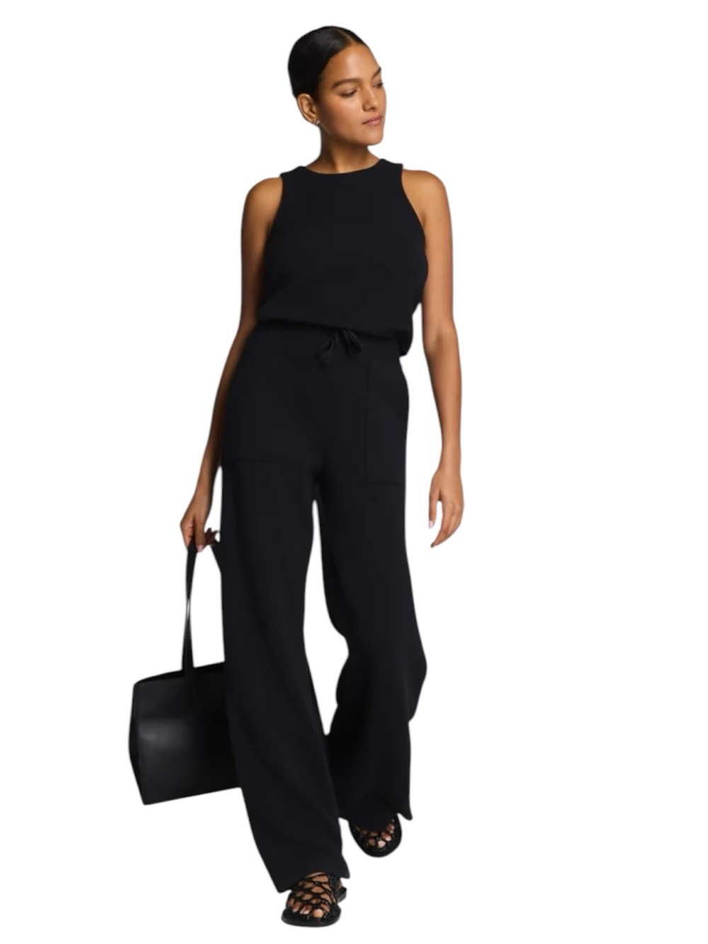 SPANX AirEssentials French Rib Very Black Wide Leg Jumpsuit Size Large Petite